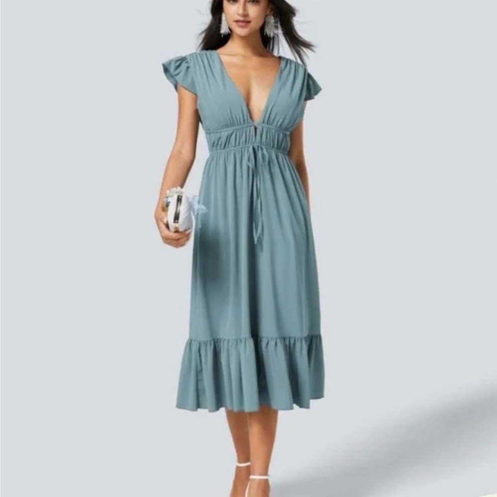 HALARA Dusty Blue V-Neck Midi Dress Size M NWT